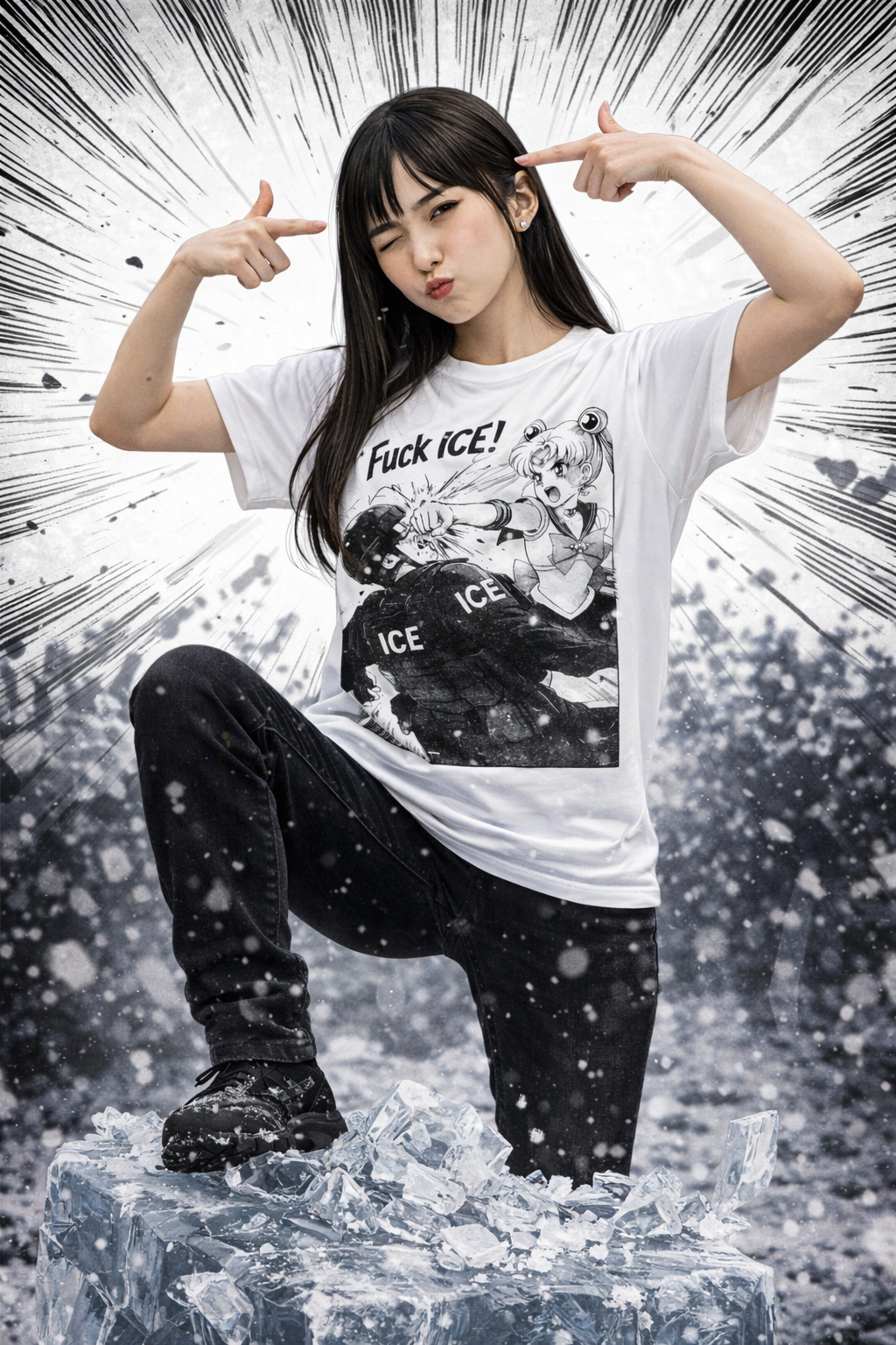  Person wearing a white t-shirt with graphic design, posing on ice.


